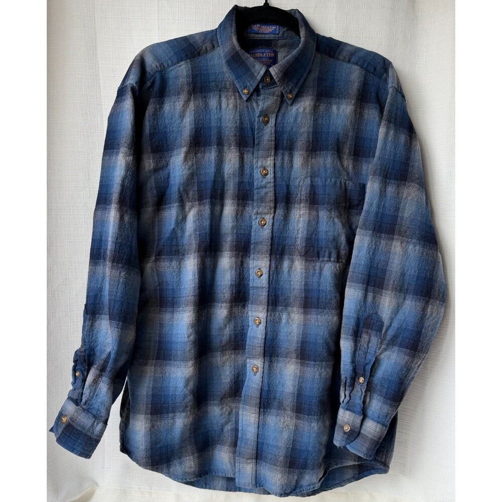 Pendleton Sir Pendleton Mens Large 100% Virgin Wool Blue Plaid Shirt USA Fabric